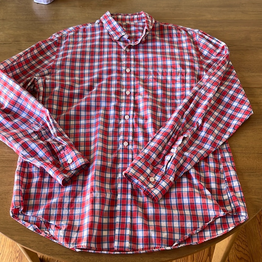 Men’s j.Crew, light weight dress shirt, red white blue, size large, 100% cotton